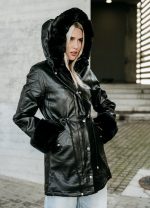 Δερματίνη παρκά με γούνα και κουκούλα - ΜΑΥΡΟ - Image 5