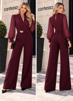 Ολόσωμη Φόρμα με Αγκράφα & Διαφανή Μανίκια - PLUM - Image 2