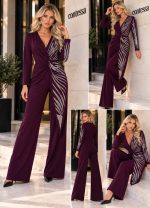 Ελαστική Ολόσωμη Φόρμα Κρουαζέ με Στρας - PLUM - Image 3